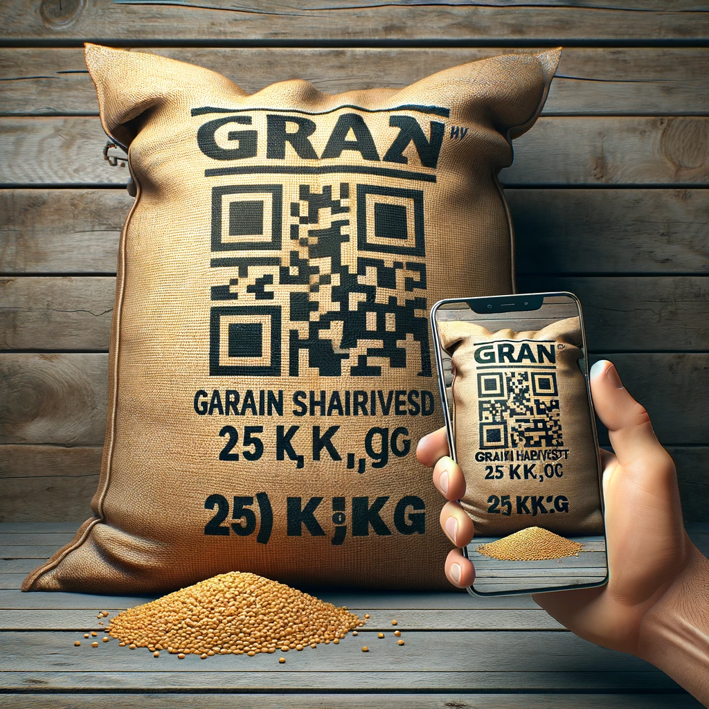 Dall·e 2023 12 04 17.40.16 A Photo Realistic Image Of A Large Sack With A Made Up Brand Logo That Says 'grain Harvest' In Bold Letters, Placed Against A Rustic Wooden Background